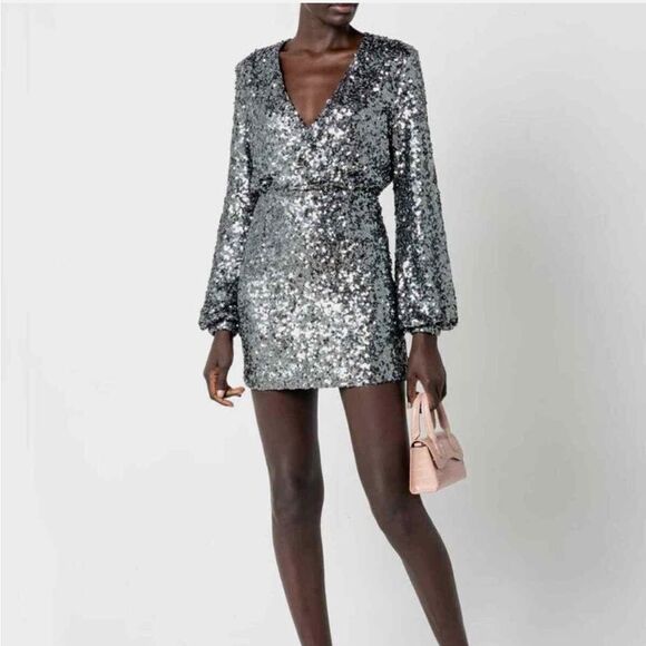 NWT O.P.T Anthropologie Silver Grey Sequin Deep V Neck Mini Party Dress Xsmall - Picture 4 of 7